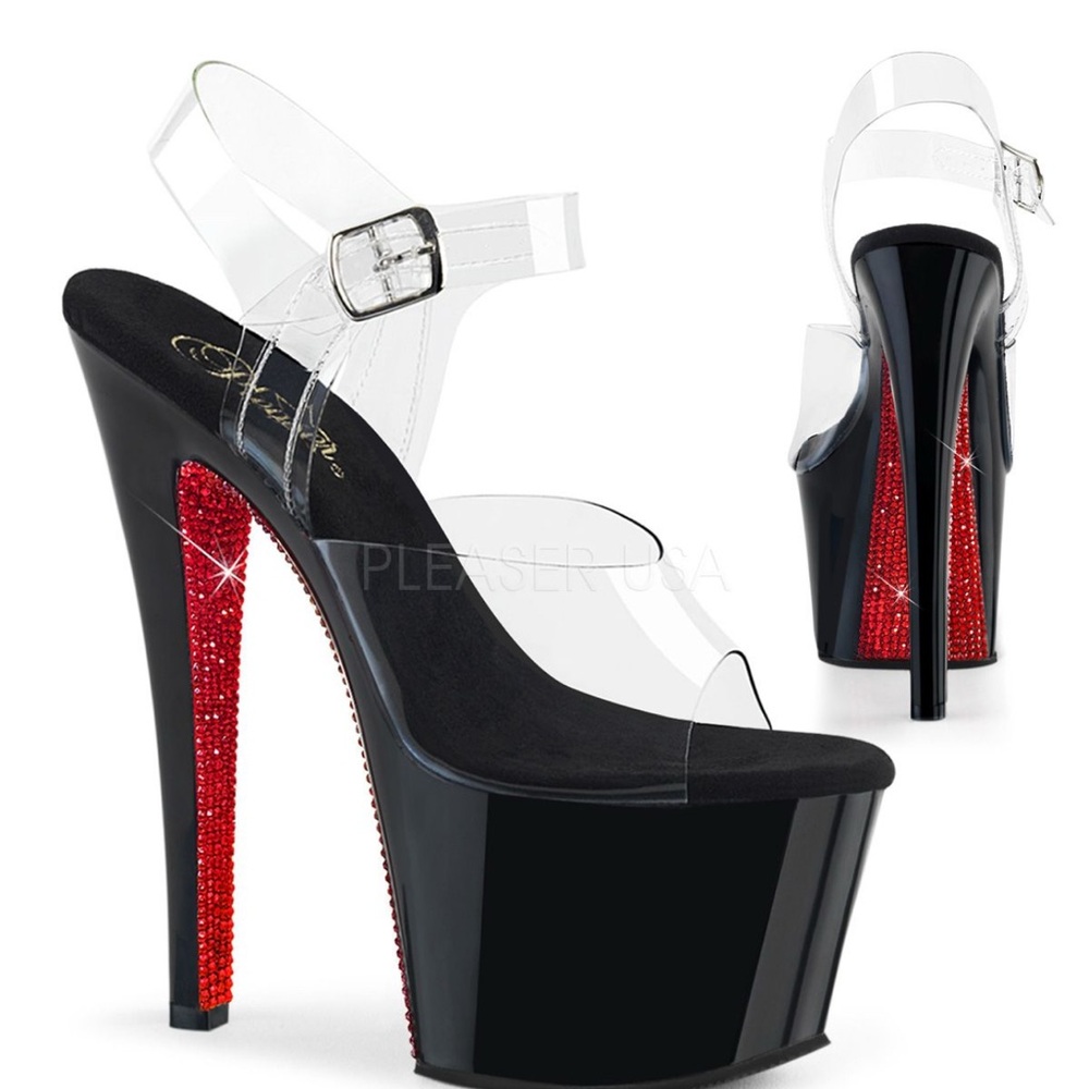 Pleaser Black and Red Platform Heels with Clear Straps